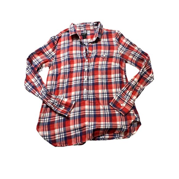 J. Crew 100% Cotton Plaid Shirt Women's Size Extra Small Red Blue Medium weight - Picture 2 of 8